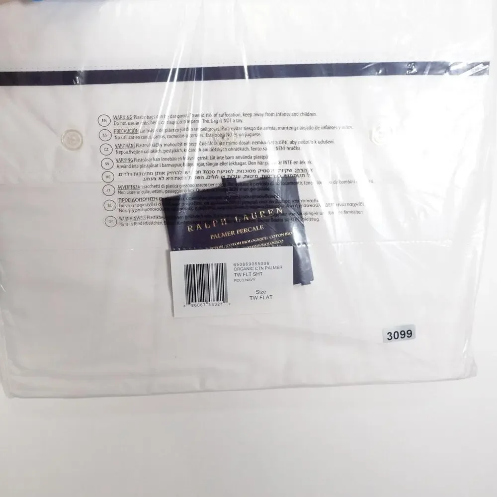 Ralph Lauren Organic Cotton Percale Palmer Twin Flat Sheet White/Polo Navy $125